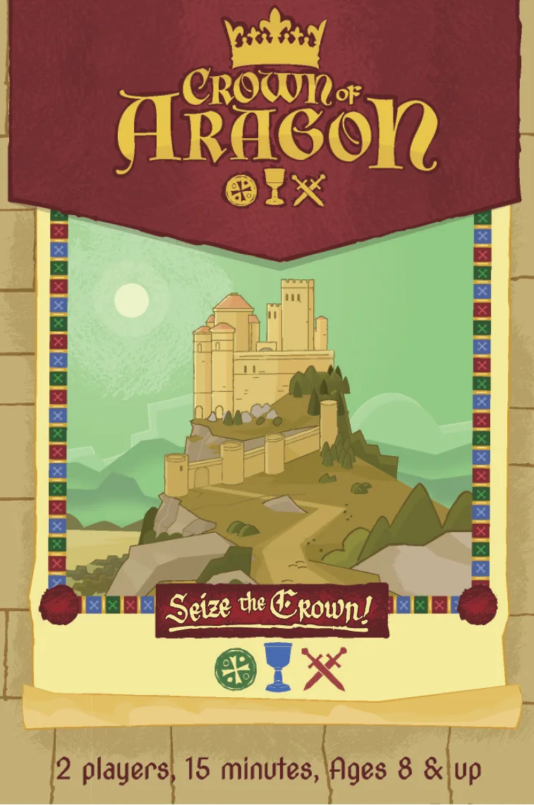 Crown of Aragón cover art featuring a hilltop castle beneath the gold game title.