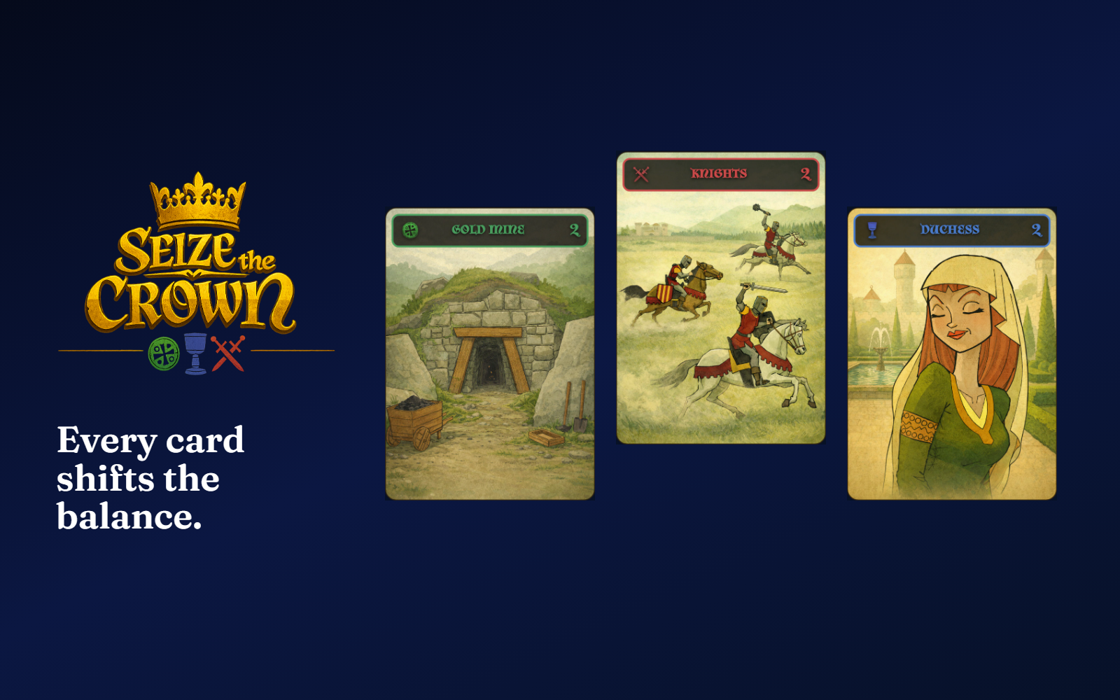 The Seize the Crown logo and complete Gold Mine, Knights, and Duchess cards on the blue Play campaign background.